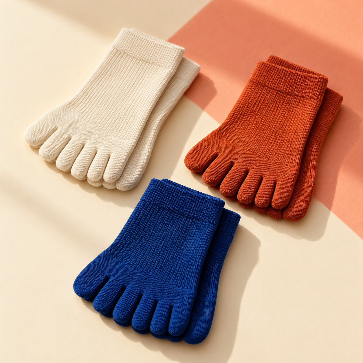 Concept flat lay of five-toe socks showing their individual toe pockets